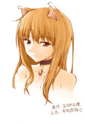 Rule 34 | 1girl, animal ears, choker, colorized, derivative work, highres, holo, jewelry, light smile, long hair, misideluting, necklace, nude, portrait, red eyes, simple background, smile, solo, spice and wolf, white background, wolf ears