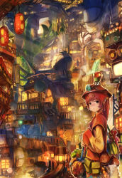 Rule 34 | 1girl, black eyes, building, cityscape, dlkdhy, hat, lantern, mask, original, red hair, short hair, solo, traditional clothes, tree
