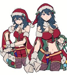Rule 34 | 1girl, alternate costume, artist name, blue eyes, blue hair, breasts, brooch, byleth (female) (fire emblem), byleth (female) (frosty professor) (fire emblem), byleth (fire emblem), character doll, do m kaeru, female focus, fire emblem, fire emblem heroes, gloves, hat, jewelry, large breasts, looking at viewer, midriff, multiple views, navel, nintendo, official alternate costume, pantyhose, santa costume, santa hat, solo, sothis (fire emblem), white gloves