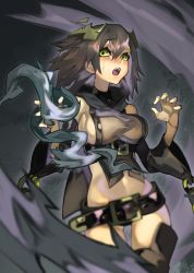 Rule 34 | 1girl, absurdres, balance (superdust), belt, belt buckle, black shirt, black sleeves, blurry, blurry foreground, breasts, brown hair, brown thighhighs, buckle, commentary, cowboy shot, detached sleeves, green eyes, grey background, hair between eyes, hair ornament, hands up, highres, large breasts, looking at viewer, midriff, open mouth, original, shirt, short hair, sideboob, sleeveless, sleeveless shirt, solo, sweat, teeth, thighhighs, upper teeth only