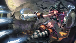 Rule 34 | 1girl, bat (animal), belt, black stripes, boots, breasts, candle, crop top, ghost, gun, halloween, hat, high heels, highres, iorlvm, jack-o&#039;-lantern, league of legends, lips, long hair, midriff, miss fortune (league of legends), moon, navel, pantyhose, patterned legwear, pumpkin, ruff, ship, solo, striped clothes, striped pantyhose, tombstone, tree, two-tone stripes, vest, watercraft, weapon, white stripes, wide hips, witch hat