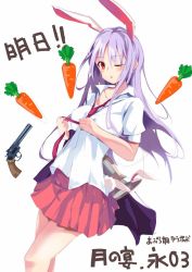 Rule 34 | 1girl, animal ears, blouse, carrot, collared shirt, commentary request, cowboy shot, gun, handgun, long hair, looking at viewer, loose necktie, megaphone, miniskirt, necktie, necktie grab, neckwear grab, one eye closed, parted lips, pleated skirt, purple hair, rabbit ears, rabbit girl, rabbit tail, red skirt, reisen udongein inaba, revolver, shirt, short sleeves, skirt, solo, standing, tail, tetsurou (fe+), touhou, translation request, weapon, white shirt
