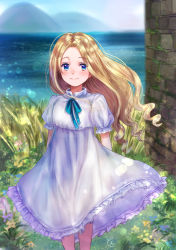 Rule 34 | 1girl, blonde hair, blue eyes, day, dress, drill hair, frilled dress, frills, long hair, looking at viewer, marnie (omoide no marnie), omoide no marnie, outdoors, puffy short sleeves, puffy sleeves, ribbon, short sleeves, smile, solo, standing, studio ghibli, tomu (zundaizu106), water, white dress, wind