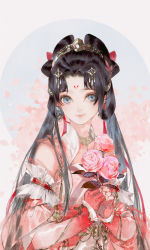 Rule 34 | 1girl, black hair, blue eyes, cherry blossoms, chinese clothes, detached sleeves, double bun, earrings, facial mark, flower, forehead mark, hair bun, hair rings, holding, holding flower, ibuki satsuki, jewelry, jianxia qingyuan (series), jianxia qingyuan online 3, light particles, long hair, original, sleeves past wrists, smile, solo, third-party source, twintails, upper body
