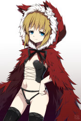 Rule 34 | 1girl, absurdres, animal hood, artist name, black panties, black ribbon, black souls, black thighhighs, blonde hair, blue eyes, breasts, cape, chinese commentary, closed mouth, cowboy shot, cross-laced clothes, fur-trimmed hood, fur trim, gradient background, groin, hand on own hip, highleg, highleg panties, highres, hood, hood up, hooded cape, legs apart, navel, panties, pupa jiang, red cape, red hood (black souls), ribbon, short hair, small breasts, solo, thighhighs, underwear