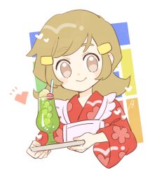 Rule 34 | 1girl, 5-volt, apron, bebe 0620, blush stickers, brown eyes, brown hair, cherry, closed mouth, drink, fingernails, food, fruit, hair ornament, hairclip, heart, holding, holding tray, japanese clothes, kimono, nintendo, pink apron, red kimono, smile, solo, tray, upper body, warioware, wide sleeves