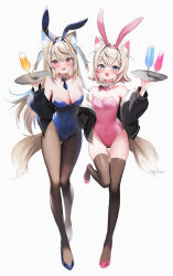 Rule 34 | 2girls, :3, :d, absurdres, animal ear fluff, animal ears, bandaid, bandaid hair ornament, bare shoulders, black jacket, black pantyhose, black thighhighs, blue eyes, blue footwear, blue hair, blue leotard, blue necktie, blush, bow, bowtie, breasts, champagne flute, cleavage, colored inner animal ears, commentary, covered navel, crossed bangs, cup, detached collar, dog ears, dog girl, dog tail, double-parted bangs, drink, drinking glass, english commentary, fake animal ears, fang, foot up, full body, fur-trimmed jacket, fur trim, fuwawa abyssgard, groin, hair between eyes, hair intakes, hair ornament, hairclip, high heels, highleg, highleg leotard, highres, holding, holding tray, hololive, hololive english, jacket, large breasts, leotard, light brown hair, long hair, long legs, long sleeves, looking at viewer, maru ccy, medium breasts, mococo abyssgard, mococo abyssgard (1st costume), multicolored hair, multiple girls, necktie, open mouth, pantyhose, pink bow, pink bowtie, pink eyes, pink footwear, pink hair, pink leotard, playboy bunny, puffy long sleeves, puffy sleeves, rabbit ears, short hair, short necktie, siblings, simple background, sisters, skindentation, smile, standing, standing on one leg, strapless, strapless leotard, streaked hair, tail, thighhighs, traditional bowtie, tray, twins, two side up, virtual youtuber, white background, x hair ornament