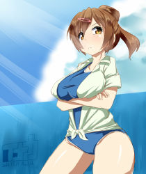 Rule 34 | 10s, 1girl, breast hold, breasts, brown eyes, brown hair, chuunibyou demo koi ga shitai!, cloud, competition school swimsuit, crossed arms, dated, day, dress shirt, front-tie top, frown, hair bun, hair ornament, hairclip, inaka keikou, large breasts, light rays, long hair, looking at viewer, nibutani shinka, no pants, one-piece swimsuit, open clothes, open shirt, orange eyes, outdoors, ponytail, school swimsuit, shirt, signature, single hair bun, sketch, sky, sleeves rolled up, solo, standing, sunbeam, sunlight, swimsuit, swimsuit under clothes, taut clothes, taut swimsuit, thick thighs, thighs, tied shirt