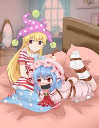 Rule 34 | 2girls, absurdres, american flag dress, bdsm, blonde hair, blue hair, bondage, bound, clownpiece, commission, dress, embarrassed, frown, gag, hat, highres, improvised gag, jiayuansi, kidnapping, mob cap, multiple girls, no shoes, pink dress, remilia scarlet, restrained, second-party source, shibari, smile, striped clothes, striped dress, tape, tape gag, tied up (nonsexual), touhou, yuri
