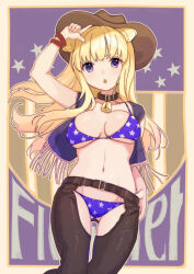 Rule 34 | 1girl, arm up, bell, bikini, black pants, blonde hair, blue bikini, blue eyes, blush, breasts, brown choker, brown hat, choker, clothing cutout, cowboy hat, feet out of frame, fletcher (kancolle), gluteal fold, hat, kantai collection, large breasts, long hair, looking at viewer, mitsuyo (mituyo324), neck bell, open mouth, pants, solo, star (symbol), star print, swimsuit
