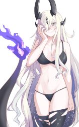 Rule 34 | 1girl, arknights, bare arms, bare shoulders, bikini, black bikini, black thighhighs, blonde hair, blue eyes, commentary request, cowboy shot, eblana (arknights), flame-tipped tail, groin, hair over one eye, highres, horns, long hair, looking at viewer, navel, neti (cpu11151), simple background, solo, standing, stomach, swimsuit, tail, thighhighs, thighs, very long hair, white background