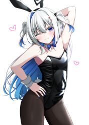 Rule 34 | 1girl, amane kanata, bare shoulders, breasts, cleavage, grey hair, hololive, kamesys, multicolored hair, one eye closed, rabbit ears, simple background, small breasts, solo, streaked hair, virtual youtuber