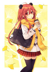 Rule 34 | 1girl, animal ears, autumn, bag, bag charm, charm (object), chestnut mouth, coat, coffee cup, cup, disposable cup, duffel coat, long hair, looking at viewer, neptune (series), panda, panda ears, red eyes, red hair, scarf, school bag, school uniform, shakeko (neptunia), signature, thighhighs, translation request, tsunako