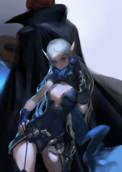 Rule 34 | 1girl, belt, blue gloves, blue scarf, bodysuit, braid, breasts, cleavage, coat, contrapposto, cowboy shot, eddy huang zheng, fingerless gloves, garter straps, gloves, hand on own hip, heterochromia, highres, holster, knife, lace, large breasts, leaning, leotard, long hair, looking at viewer, one piece, original, pointy ears, ponytail, red eyes, scarf, shanks (one piece), side braid, silver hair, standing, swept bangs, thigh holster, thighhighs, very long hair