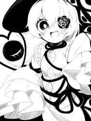 Rule 34 | 1girl, black flower, black hat, black rose, blouse, blush, bright pupils, buttons, cowboy shot, diamond button, eyeball, flower, flower over eye, frilled shirt collar, frilled sleeves, frills, greyscale, hair between eyes, hat, heart, heart of string, high contrast, komeiji koishi, long sleeves, looking at viewer, medium hair, monochrome, open mouth, qmu, rose, shirt, sidelocks, simple background, skirt, smile, solo, teeth, third eye, touhou, upper teeth only, wavy hair, white background, wide sleeves