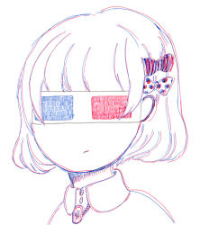 Rule 34 | 1girl, 3d glasses, attonosekai, blue-tinted eyewear, bow, chromatic aberration, closed mouth, collared shirt, colored lineart, facing viewer, hair bow, limited palette, lineart, original, polka dot, polka dot bow, red-tinted eyewear, shirt, short hair, simple background, sketch, solo, tinted eyewear, upper body, white-framed eyewear, white background