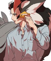 Rule 34 | 1boy, bird, black hair, breast pocket, buttons, closed eyes, closed mouth, collared shirt, commentary request, creatures (company), game freak, gen 4 pokemon, grey shirt, hand up, highres, larry (pokemon), male focus, nintendo, pocket, pokemon, pokemon (creature), pokemon sv, saaa snd, shirt, short hair, staraptor, veins
