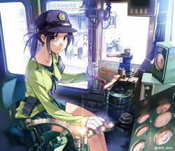 Rule 34 | 1girl, armband, backlighting, belt, black hair, bloom, blue eyes, breasts, commentary request, gloves, hat, lever, looking at viewer, medium breasts, nose shade, original, pouch, revision, short hair, sitting, skirt, smile, solo, speaker, sweatdrop, train, train conductor, train interior, vania600