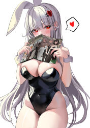 Rule 34 | 1girl, animal ears, bare legs, black leotard, blush, book, breasts, bunny girl (dduck kong), cover, cover page, covered mouth, fake animal ears, fake tail, hair between eyes, hair ornament, hairclip, heart, heart hair ornament, highres, holding, holding book, large breasts, leotard, long hair, looking at viewer, mikan03 26, original, playboy bunny, rabbit ears, rabbit tail, red eyes, simple background, solo, spoken heart, strapless, strapless leotard, tail, thick thighs, thighs, white background, white hair, wrist cuffs