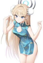 Rule 34 | 1girl, absurdres, alternate costume, blonde hair, blue archive, blue dress, blue eyes, blue hair, blue halo, blush, breasts, bun cover, china dress, chinese clothes, cleavage, closed mouth, cowboy shot, ddungddang, double bun, dress, hair bun, halo, highres, long hair, medium breasts, multicolored hair, simple background, solo, streaked hair, toki (blue archive), white background