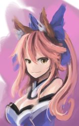 Rule 34 | 10s, 1girl, animal ears, arceonn, bare shoulders, bow, breasts, cleavage, detached collar, detached sleeves, fate/extra, fate (series), fox ears, hair bow, long hair, pink hair, ponytail, smile, solo, tamamo no mae (fate/extra), upper body, yellow eyes