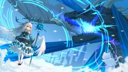 Rule 34 | 1girl, blue dress, cat, commentary request, dragon, dress, floating, frilled dress, frilled sleeves, frills, glowing, glowing eyes, glowing mouth, grey hair, highres, holding, holding staff, koebushi (mat), long hair, long sleeves, magic circle, original, pantyhose, pointy ears, red eyes, staff, white pantyhose, white wings, wings