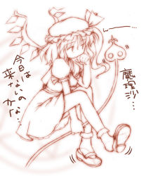 Rule 34 | 1girl, dress, female focus, flandre scarlet, full body, hat, jitome, laevatein, mob cap, monochrome, shoe dangle, shoes, sitting, solo, touhou, weapon, white background, wings