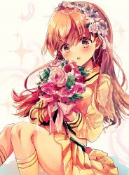 Rule 34 | &gt;:o, 1girl, :o, blush, bouquet, brown eyes, brown hair, flower, highres, holding, holding bouquet, kantai collection, kneehighs, long hair, long sleeves, looking at viewer, midriff, nanahamu, ooi (kancolle), pleated skirt, remodel (kantai collection), school uniform, serafuku, skirt, socks, solo, v-shaped eyebrows, white socks, white skirt, wreath