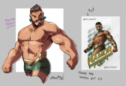 Rule 34 | 1boy, absurdres, arts of indiego, bara, black panther: wakanda forever, bulge, cropped legs, dark-skinned male, dark skin, earrings, facial hair, goatee, green male swimwear, highres, jewelry, large pectorals, looking to the side, male focus, male swimwear, mature male, muscular, muscular male, namor, navel, nipples, pectorals, pointy ears, reference inset, short hair, solo, standing, stomach, thick mustache, topless male, tribal