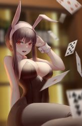 Rule 34 | 1girl, absurdres, alternate costume, animal ears, bare shoulders, black hair, black pantyhose, blurry, blurry background, breasts, card, cleavage, commentary, depth of field, detached collar, earrings, english commentary, fake animal ears, floating card, gold earrings, hairband, hand up, heart, highres, jewelry, large breasts, leotard, long hair, looking at viewer, mark renz purio, open mouth, pantyhose, playboy bunny, playing card, rabbit ears, red eyes, sidelocks, sitting, solo, spade (shape), spy x family, strapless, strapless leotard, thighband pantyhose, white hairband, wrist cuffs, yor briar
