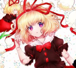 Rule 34 | 1girl, black shirt, blonde hair, bow, doll, doll joints, eyebrows, faceless, flower, frills, hair ribbon, joints, lily of the valley, looking at viewer, lying, medicine melancholy, mugino kirin, on back, puffy short sleeves, puffy sleeves, red bow, red ribbon, red skirt, ribbon, shirt, short sleeves, skirt, su-san, touhou, upper body, white flower