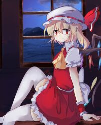 Rule 34 | 1girl, ascot, bad perspective, blonde hair, bow, collared shirt, crystal, flandre scarlet, hat, hat bow, highres, indoors, looking at viewer, miniskirt, mob cap, puffy short sleeves, puffy sleeves, red skirt, safupara (crnsrd65), shirt, short hair, short sleeves, side ponytail, sitting, skirt, thighhighs, touhou, vest, white hat, white thighhighs, window, wings, yellow ascot