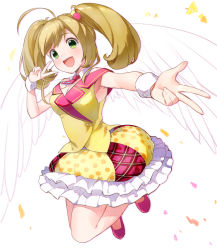 Rule 34 | 10s, 1girl, :d, ahoge, breasts, cleavage, feathered wings, frilled skirt, frills, green eyes, idolmaster, idolmaster cinderella girls, kurochiroko, light brown hair, long hair, open mouth, sato shin, skirt, sleeveless, smile, solo, twintails, white wings, wings, wrist cuffs, yellow skirt
