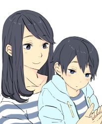 Rule 34 | 10s, 1boy, 1girl, aged down, black hair, blue eyes, blush, child, free!, holding hands, long hair, lowres, mother and son, mrs. nanase, nanase haruka (free!), nyan mi, short hair, simple background, smile, striped, white background