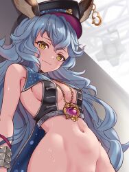 Rule 34 | 1girl, animal ears, arms behind back, bare shoulders, bell (angelicalary), black hat, blue hair, blush, breasts, cape, chain, crop top, curly hair, earrings, embarrassed, erune, ferry (granblue fantasy), from below, gold chain, granblue fantasy, groin, hair between eyes, hat, highres, hip focus, jewelry, long hair, looking at viewer, looking down, medium breasts, navel, necklace, nervous smile, no bra, out-of-frame censoring, sideboob, single earring, sleeveless, small breasts, smile, solo, stage lights, very long hair, yellow eyes