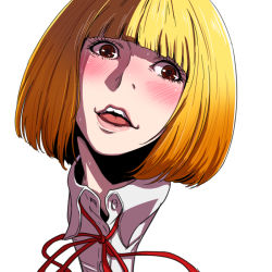 Rule 34 | 1girl, blonde hair, blunt bangs, blush, brown eyes, commentary request, looking at viewer, midorikawa hana, open mouth, prison school, short hair, simple background, smile, solo, white background, yazwo
