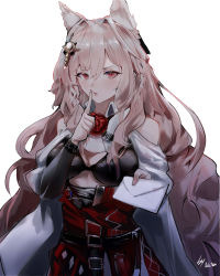 Rule 34 | 1girl, absurdres, animal ears, arknights, black bra, blush, bra, breasts, envelope, finger to mouth, hair ornament, hand up, highres, holding, holding envelope, indoors, jacket, liuyun baihua, long hair, looking at viewer, medium breasts, parted lips, pink hair, pozyomka (arknights), red eyes, red skirt, shushing, sidelocks, signature, simple background, skirt, solo, underwear, upper body, very long hair, wavy hair, white background, white jacket, wolf ears, wolf girl