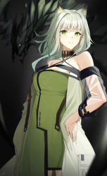 Rule 34 | 1girl, absurdres, animal ears, arknights, black background, breasts, cat ears, closed mouth, coat, commentary, cowboy shot, criss-cross halter, detached sleeves, dress, expressionless, gradient background, green dress, green eyes, hair intakes, halterneck, hand on own hip, highres, jewelry, kal&#039;tsit (arknights), light green hair, looking at viewer, medium breasts, medium hair, mon3tr (arknights), pendant, raitho, see-through, see-through sleeves, signature, simple background, solo, white coat