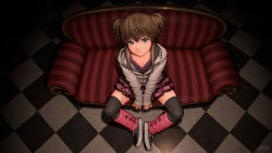Rule 34 | 1girl, absurdres, brown hair, collarbone, couch, floor, frilled skirt, frills, from above, grey eyes, highres, hood, hoodie, leg warmers, looking at viewer, looking up, loose socks, original, pleated skirt, rustle, shoes, sitting, skirt, socks, socks over pantyhose, solo, striped clothes, striped socks, striped thighhighs, thighhighs, thighs, tile floor, tiles, two side up, v arms, wallpaper, zettai ryouiki