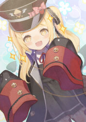 Rule 34 | 1girl, black coat, black dress, black hat, black tail, black wings, blonde hair, blue archive, blush, coat, collared shirt, commentary, demon tail, demon wings, dress, fang, hat, highres, ibuki (blue archive), long hair, looking at viewer, neck ribbon, open clothes, open coat, open mouth, original-orange-610917, peaked cap, pinafore dress, red ribbon, ribbon, shirt, side ponytail, sleeveless, sleeveless dress, sleeves past fingers, sleeves past wrists, smile, solo, tail, white shirt, wings, yellow eyes