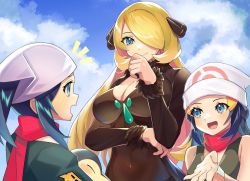 Rule 34 | 3girls, :d, akari (pokemon), beanie, black dress, blonde hair, blue eyes, blue hair, blush, breasts, cleavage, commentary, commentary request, covered navel, creatures (company), cyndaquil, cynthia (pokemon), dawn (pokemon), day, dress, game freak, gen 2 pokemon, hair over one eye, hat, highres, katwo, large breasts, multiple girls, nintendo, open mouth, pokemon, pokemon (creature), pokemon dppt, pokemon legends: arceus, red scarf, scarf, smile, time paradox