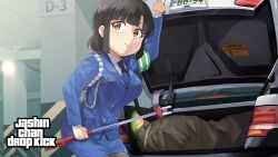 Rule 34 | 2girls, armband, black hair, blue jacket, blue necktie, blue skirt, blunt bangs, breasts, brown hair, car, car trunk, closed mouth, collared shirt, commentary request, cowboy shot, fuka (kantoku), grand theft auto, green armband, highres, holding, implied murder, in trunk, indoors, jacket, jashin-chan, jashin-chan dropkick, large breasts, license plate, long sleeves, looking to the side, medium bangs, motor vehicle, multiple girls, necktie, parking garage, pencil skirt, police, police car, police uniform, policewoman, shirt, short hair, skirt, smile, solo focus, tachibana mei (jashin-chan dropkick), uniform, white shirt