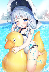 Rule 34 | ahoge, azur lane, bad id, bad pixiv id, barefoot, blue eyes, blush, child, choker, frilled swimsuit, frills, hat, highres, inflatable duck, inflatable toy, legs up, little illustrious (azur lane), long hair, low twintails, melo (meromero), one-piece swimsuit, one eye closed, open mouth, pool, riding, silver hair, solo, sun hat, swimsuit, thighs, twintails, water, white hat, white one-piece swimsuit