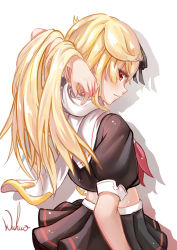 Rule 34 | 1girl, absurdres, arm up, black ribbon, black serafuku, black shirt, black skirt, blonde hair, blush, closed mouth, from side, hair flaps, hair ribbon, hand in own hair, highres, kantai collection, long hair, looking at viewer, looking to the side, pleated skirt, profile, red eyes, ribbon, scarf, school uniform, serafuku, shirt, short sleeves, signature, simple background, skirt, smile, solo, upper body, white background, white scarf, wuhuo, yuudachi (kancolle), yuudachi kai ni (kancolle)