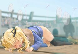 Rule 34 | 1girl, black ribbon, black thighhighs, blonde hair, blue dress, blue sky, blurry, blurry background, blush, boots, brown capelet, brown footwear, bruise, capelet, closed eyes, commentary request, day, depth of field, dress, full body, hair ribbon, highres, injury, long hair, lying, mifa (sekira ame), nose blush, on side, open mouth, original, outdoors, panties, ribbon, sekira ame, silhouette, single boot, sky, solo focus, tears, thighhighs, translation request, twintails, underwear, unworn boots, white panties