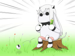 Rule 34 | (o) (o), 10s, bottle, brand name imitation, collar, comic, commentary request, dropping, eating, flower, food, food on body, food on legs, grass, holding, holding bottle, holding food, horns, kantai collection, long hair, mittens, moomin, muppo, northern ocean princess, onigiri, sazanami konami, sitting, solo, tail, tree stump, white background, white hair, wrappings