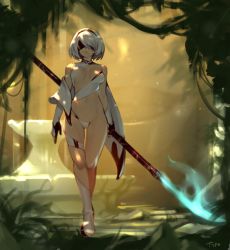 Rule 34 | 1girl, alternate costume, asymmetrical clothes, blindfold, breasts, breasts apart, cleavage, covered erect nipples, full body, glowing, glowing weapon, holding, holding polearm, holding weapon, impossible clothes, mole, mole under mouth, naginata, navel, nier (series), nier:automata, optionaltypo, outdoors, plant, polearm, revealing clothes, shade, short hair, silver hair, solo, standing, stomach, weapon, 2b (nier:automata)