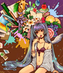Rule 34 | 1girl, apple, bad id, bad pixiv id, balloon, bikini, bracelet, cherry, colored pencil, finger to mouth, flower, food, front-tie top, fruit, giraffe, grapes, hatsune miku, head tilt, highres, jewelry, kittyo, lily (flower), long hair, navel, off shoulder, open mouth, orange (fruit), orange slice, paint, paintbrush, pencil, sitting, sleeves pushed up, solo, swimsuit, twintails, very long hair, vocaloid, wings