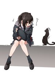 Rule 34 | 1girl, absurdres, animal, black cat, black footwear, black hair, black jacket, black skirt, black socks, cat, cellphone, crossed bangs, full body, green necktie, grey background, hair between eyes, hand up, highres, holding, holding phone, hood, hood down, hooded jacket, idolmaster, idolmaster cinderella girls, jacket, kakaobataa, knees together feet apart, loafers, long hair, long sleeves, looking at animal, looking to the side, mask, mask pull, miniskirt, mole, mole under eye, motion lines, mouth mask, necktie, open mouth, phone, pleated skirt, sharp teeth, shoes, sitting, skirt, sleeves past wrists, smartphone, socks, solo, sunazuka akira, surgical mask, teeth, translated, twintails, two-tone background, white background, yellow eyes
