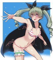 Rule 34 | 1girl, absurdres, anchovy (girls und panzer), bikini, black cape, black ribbon, blue background, blush, bow, bow bikini, breasts, bridal garter, cape, cleavage, commentary, cowboy shot, drill hair, girls und panzer, green hair, hair ribbon, halterneck, highres, holding, holding riding crop, kshimu, leaning forward, long hair, looking at viewer, lowleg, lowleg bikini, medium breasts, navel, open mouth, outside border, reaching, reaching towards viewer, red bikini, red eyes, ribbon, riding crop, side-tie bikini bottom, smile, solo, standing, string bikini, striped bikini, striped clothes, swimsuit, twin drills, twintails